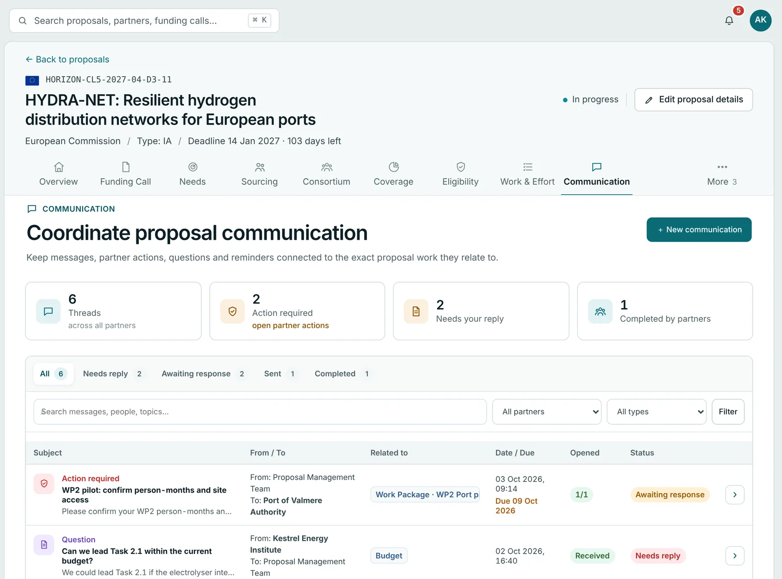 Cortyne Communication screen: messages, actions and reminders tied to proposal work