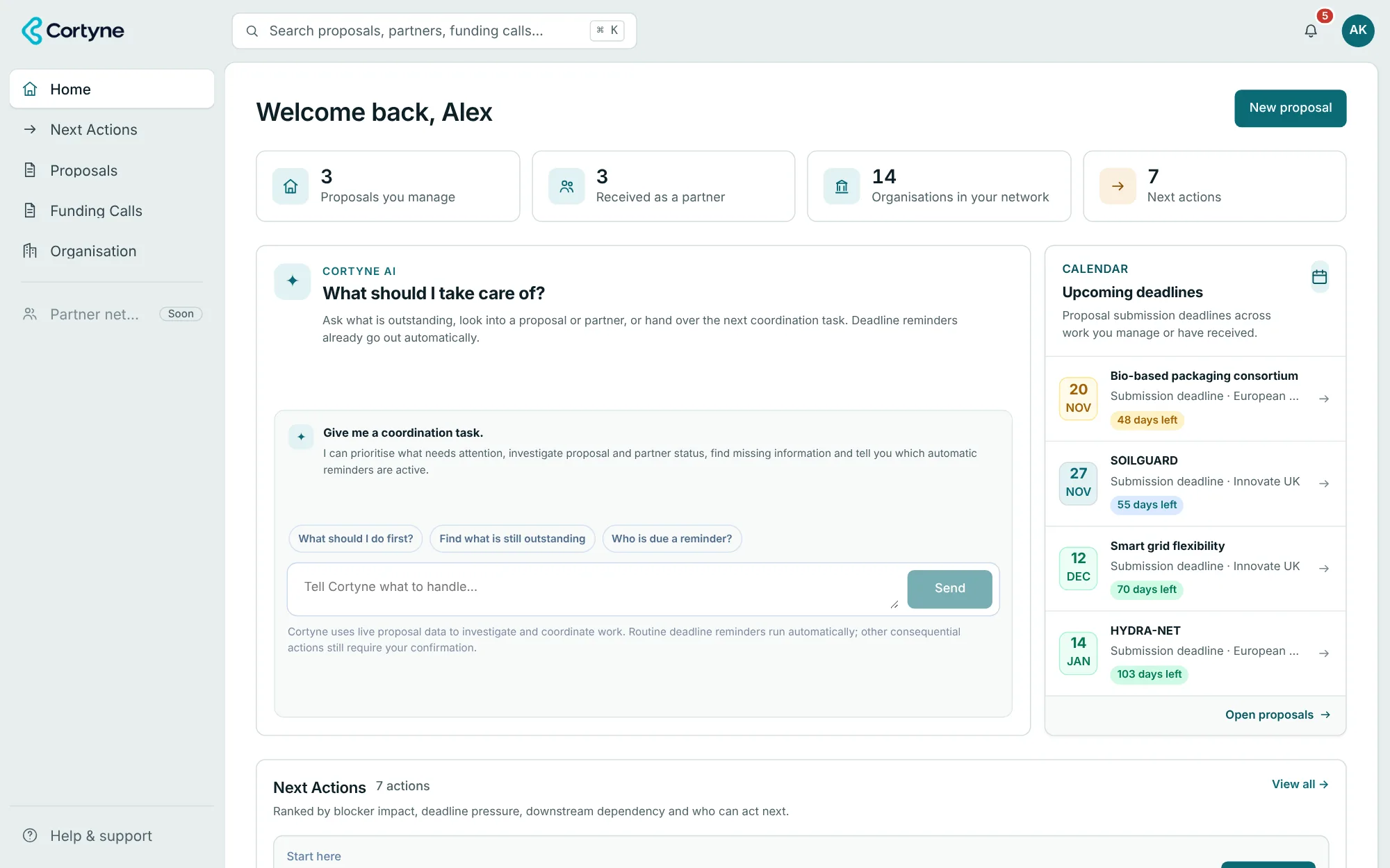 Cortyne home dashboard: your proposals, Cortyne AI, upcoming deadlines and Next Actions